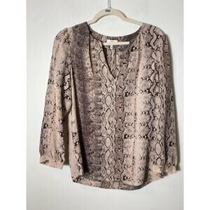 Joie Tan Snakeprint Long Sleeve V-Neck Silk Blouse Sz S